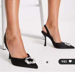 Black, pointed toe sling back heels with round crystal embellishment